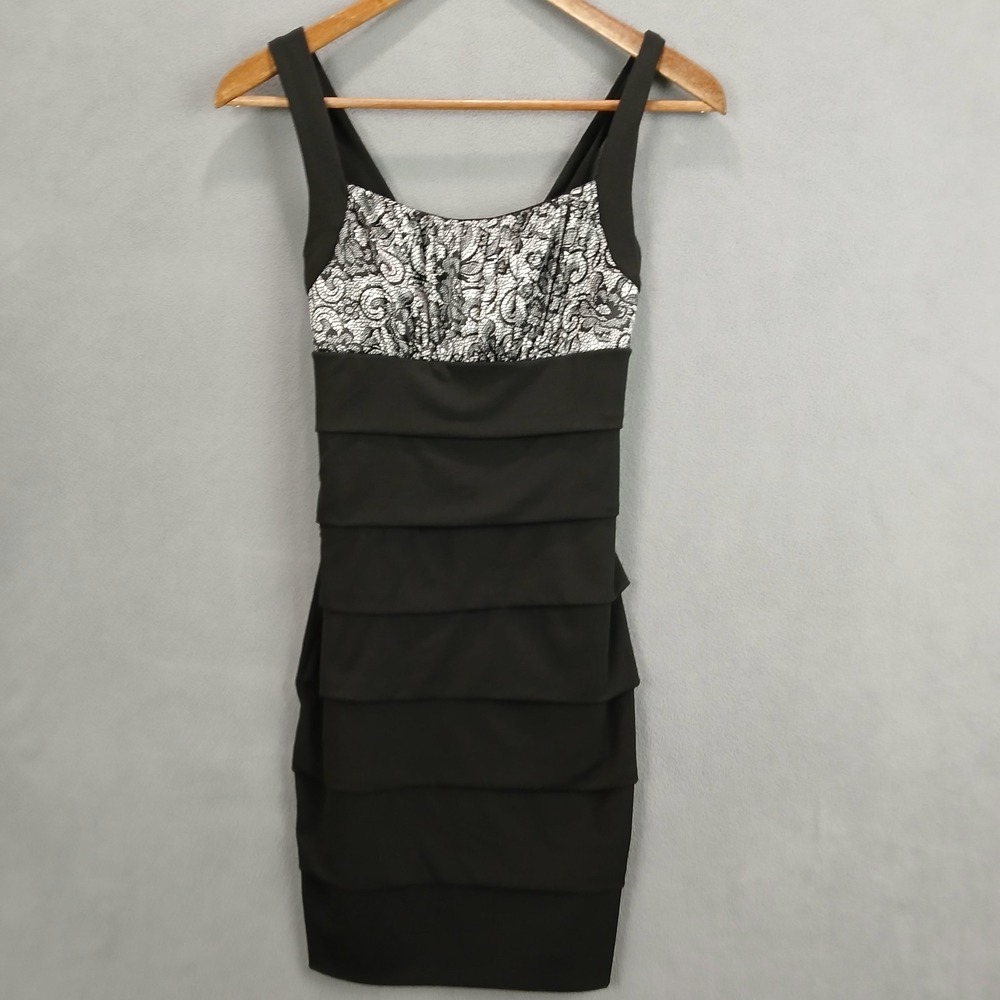 Sweet Storm Bodycon Dress Women Small Black Paisley Print Layered Cocktail Party